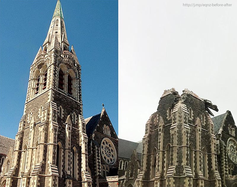 chch cathedral before aftetr Землетрясение в Новой Зеландии, фотографии в стиле было стало   2